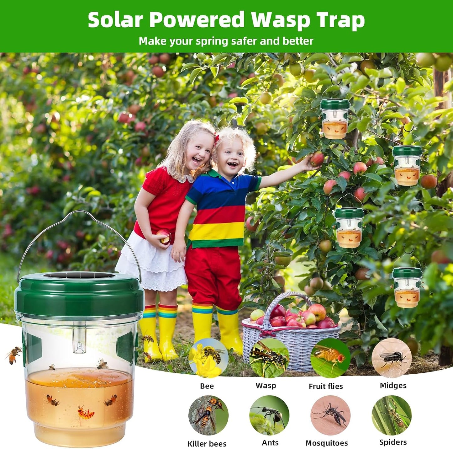 Solar Wasp Trap Outdoor Hanging, 4 Pack Wasp Trap Catcher Yellowjacket Trap Hornet Wasps Killer with UV LED Light Reusable Carpenter Bee Traps for Outside, Garden, Backyard, and Orchard