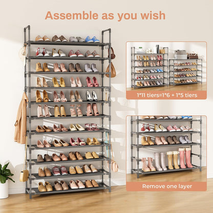 LANTEFUL 10 Tiers Shoe Rack 50 Pairs Large Capacity Tall Shoe Organizer Sturdy Shoe Storage with Two Hooks Space Saving Metal Wide Shoe Rack for Closet, Entryway, Bedroom, Black