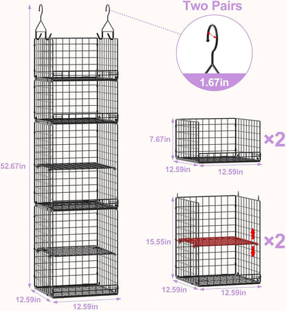 Yuyetuyo 5 Tier Closet Hanging Organizer and Storage Separable Hanging Closet Shelves with 4 Hooks 2 Adjustable Dividers, Wire Storage Basket Bins for Clothing Sweaters Socks Dolls Handbags, Foldable