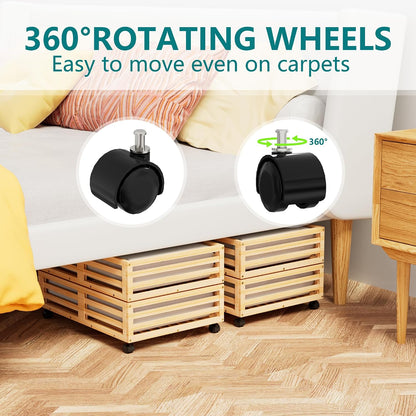 Wisuce 2 Packs Bamboo Under Bed Storage Organizer with Wheels White Small | 360° Lockable Wheels,120lbs Load Capacity, Multi-scene ,Dustproof Clear Storage Bag, Large Capacity,Easy Quick Assembly
