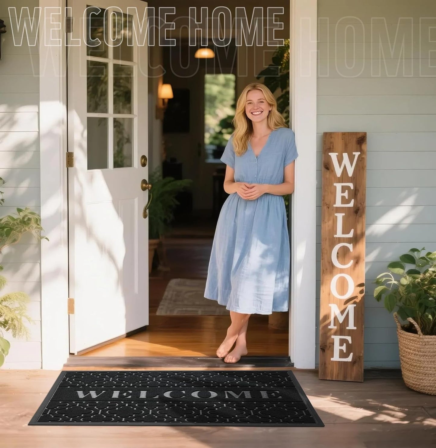 Yimobra Welcome Mat Outdoor Indoor, All-Weather Waterproof Front Door Mat Outside Entrance, Non-Slip Low Profile Porch Patio Doormat, 29.5x17, Black