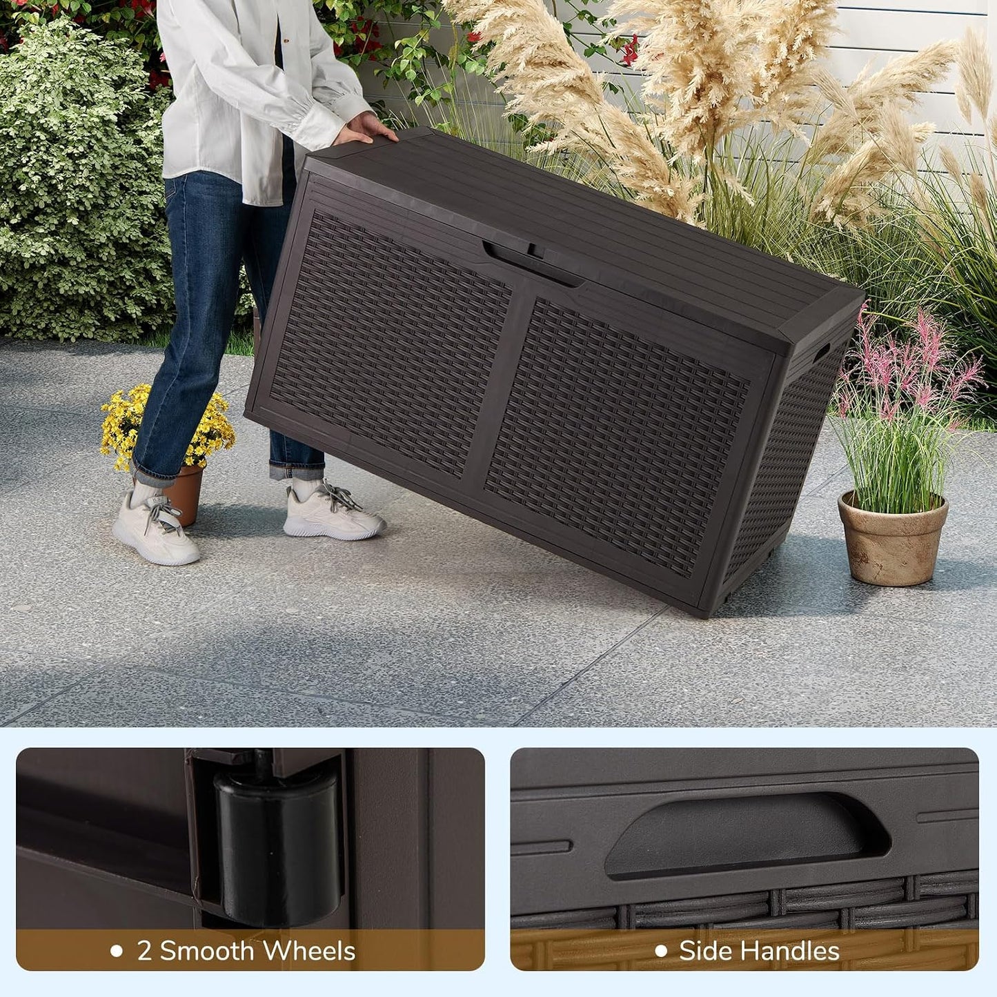 Tangkula 100 Gallon Outdoor Storage Box, Lockable Outdoor Storage Bench with 2 Smooth Wheels, Faux Rattan Surface, Waterproof Resin Deck Box for Outside Poolside Patio Garden (Brown)