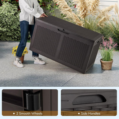 Tangkula 100 Gallon Outdoor Storage Box, Lockable Outdoor Storage Bench with 2 Smooth Wheels, Faux Rattan Surface, Waterproof Resin Deck Box for Outside Poolside Patio Garden (Brown)