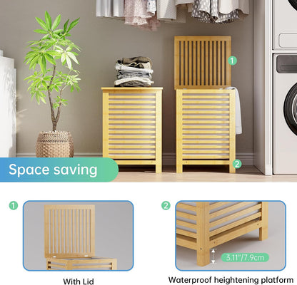 SMIBUY Double Laundry Hamper with Lid, 120L Bamboo Laundry Basket with Removable Liner Bag, 2-Section Clothes Divider Laundry Sorter for Laundry Room, Bathroom, Bedroom (Walnut)