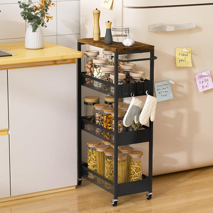 Vincona 7.1" Wide Slim Storage Cart on Wheels, 4 Tier Metal Narrow Rolling Cart with Handle and Wood Top, Multifunctional Small Mobile Shelf Unit Organizer Trolley for Laundry, Bathroom, Kitchen