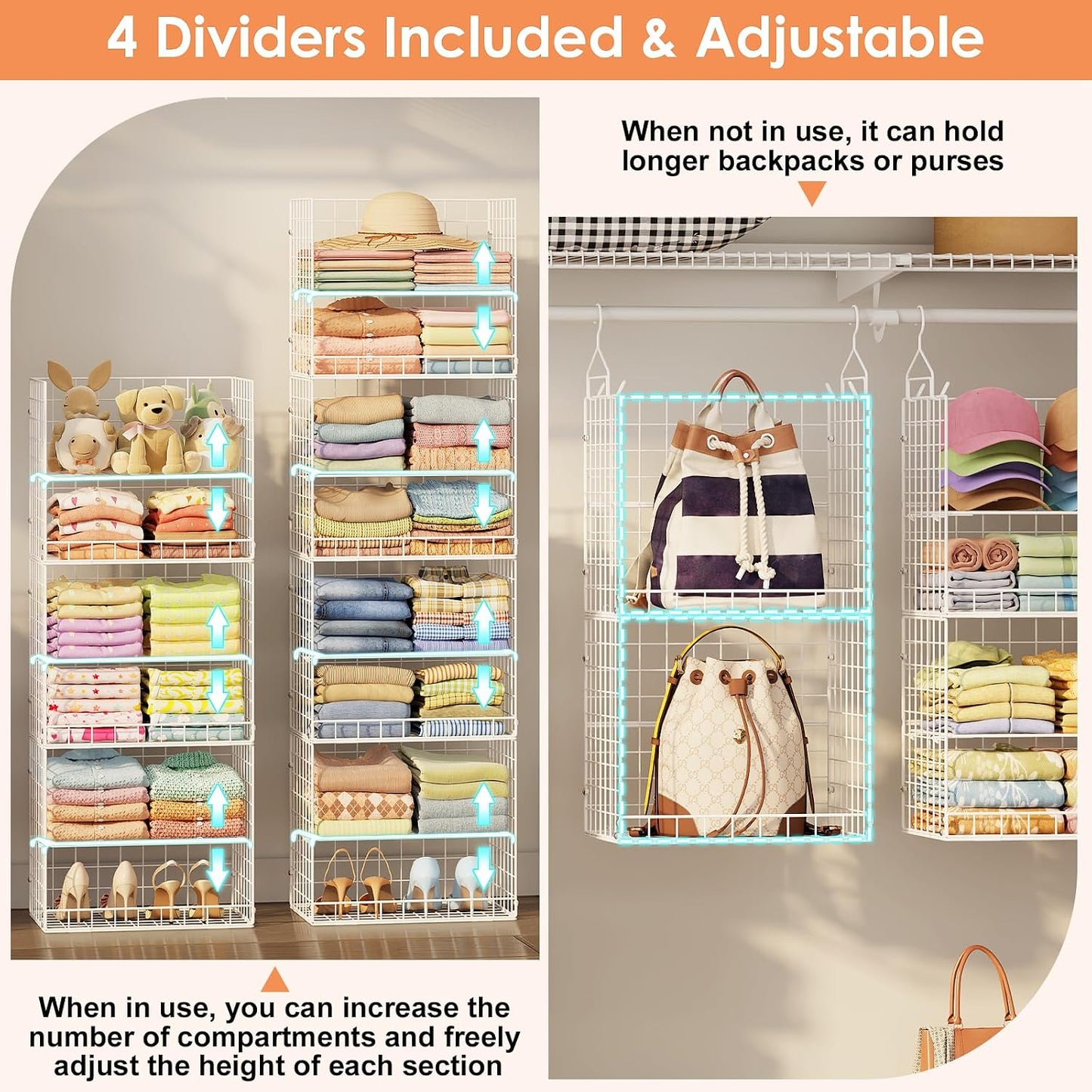Yuyetuyo 5 Tier Closet Hanging Organizer and Storage Separable Hanging Closet Shelves with 4 Hooks 2 Adjustable Dividers, Wire Storage Basket Bins for Clothing Sweaters Socks Dolls Handbags, Foldable