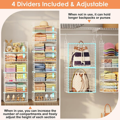 8 Tier Extended Width Hanging Closet Organizer, Sweater Storage for Closet Organizer System, Stackable Wire Basket Bins for Clothes Purse Shoes, Hanging Shelves with 4 Hooks & 4 Dividers Adjustable