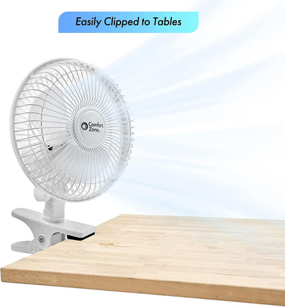 Comfort Zone 6-Inch Corded Clip-On Personal Fan – 2-Speed Quiet Desk Fan with 360° Rotation, Fully Adjustable Tilt & Secure Strong Clamp – Mini Air Circulator for Desks, Bedside & Office