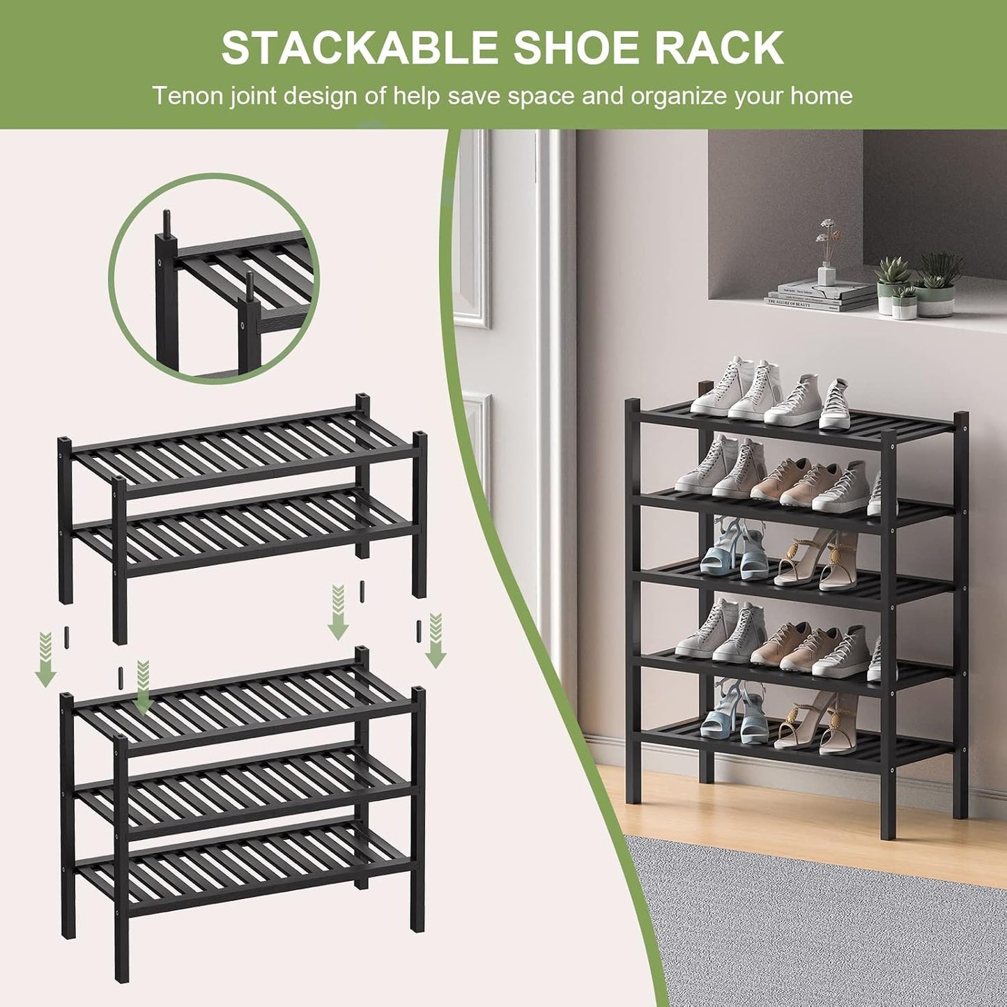 ROMGUAR CRAFT 3 Tier Bamboo Shoe Rack for Closet Free Standing Wood Shoe Shelf Storage Organizer for Entryway Small Space Stackable 27"x11"x20" (Natural)