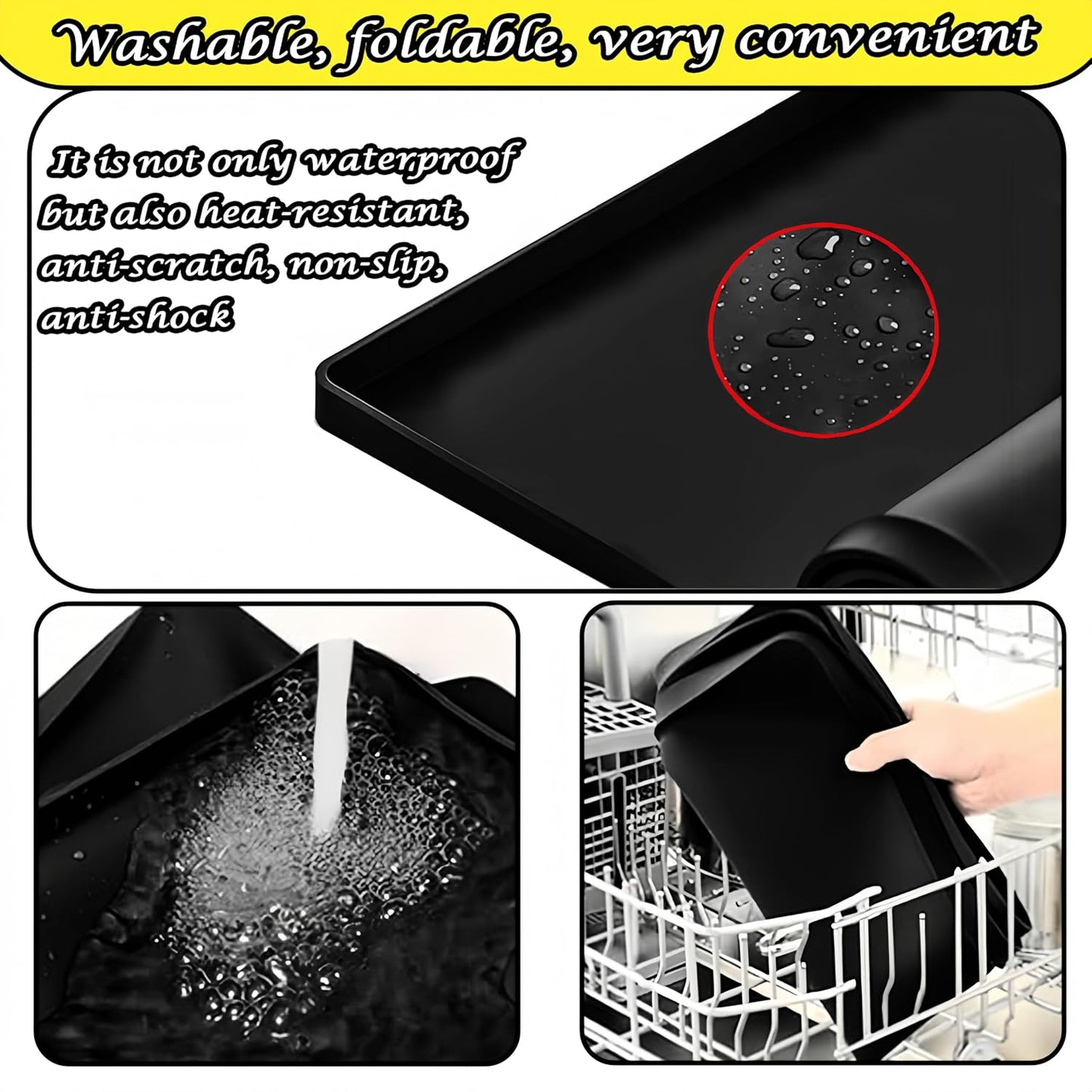 27×27inch Washer Drain Pan Silicone Mat, With Raised Edge Washing Machine Silicone Mat, Multi-function Non Slip, Soft Foldable Portable Waterproof Pad（grey）