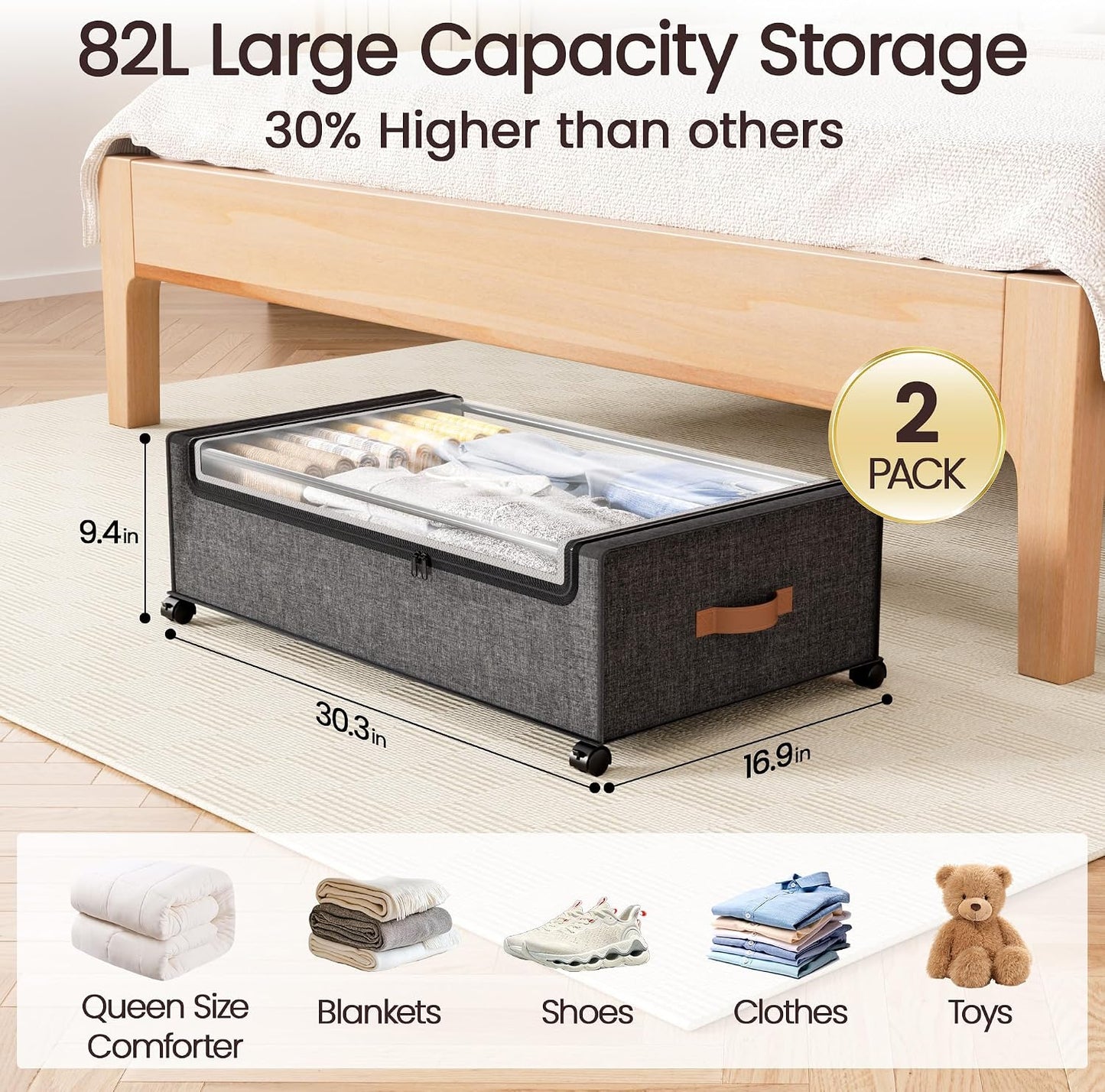 Yecaye Under Bed Storage with Wheels, 2 Pack Under Bed Storage Containers, 60L Underbed Shoe Storage with Clear Window & Label, Rolling Under Bed Metal Drawer for Clothes, Shoes, Books, Blankets