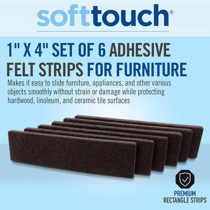 SoftTouch 1" x 4" Heavy-Duty Furniture Slider Felt Strips for Hard Surfaces, Adhesive Felt Tape Furniture Moving Pads for Beds, Sofas, Dressers, Set of 6, Brown