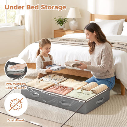 Budding Joy 90L Under Bed Storage Containers, 4 Pack Closet Organizers Grey | Foldable underbed storage bins for linen sheets, blanket, clothing, comforter, sweaters, pillows, wrapping paper