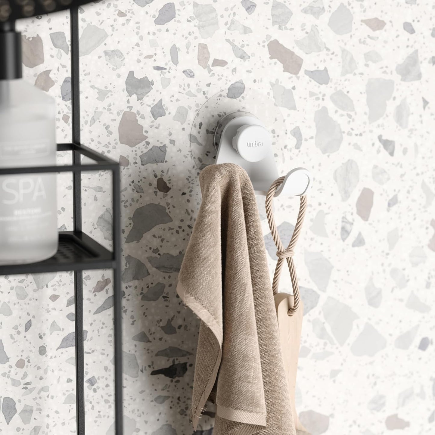 Umbra Flex Adhesive Double-Hook for Bathroom Shower Tub, Holds Towels, Washcloths, Loofahs, Razor, and More, White