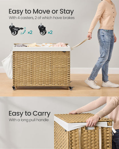 SONGMICS Laundry Hamper with Lid, 37 Gallons (140 L), Rolling Laundry Basket with Wheels, 3-Section Synthetic Rattan, Removable Liner, Bedroom, 26 x 13 x 26 Inches, Gray ULCB363G01