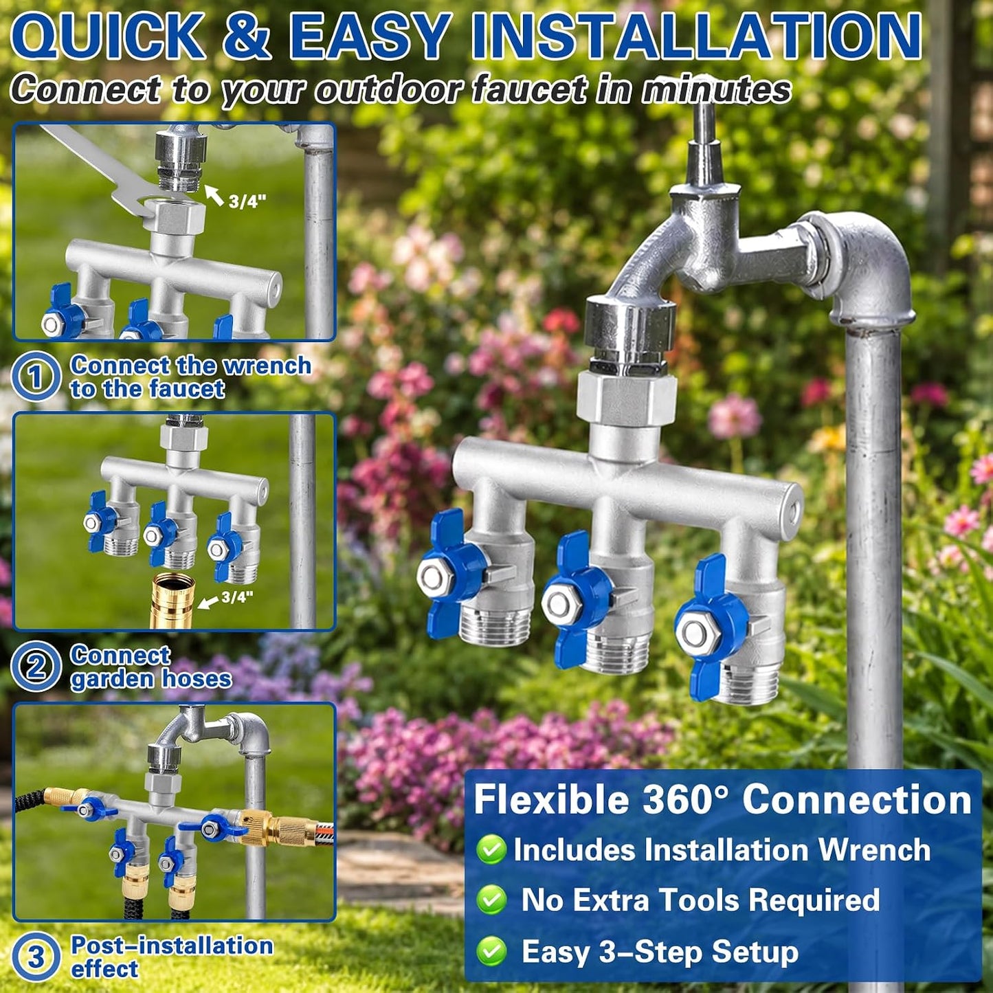 304 Stainless Steel Garden Hose Splitter 2 Way, Heavy Duty 3/4" GHT Y Hose Splitter with Shut-Off Valves, Full Flow Outdoor Faucet Connector with Wrench