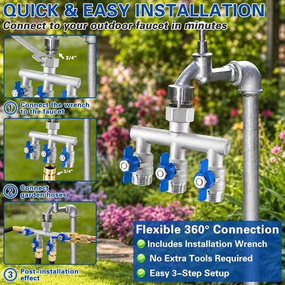 304 Stainless Steel Garden Hose Splitter 2 Way, Heavy Duty 3/4" GHT Y Hose Splitter with Shut-Off Valves, Full Flow Outdoor Faucet Connector with Wrench