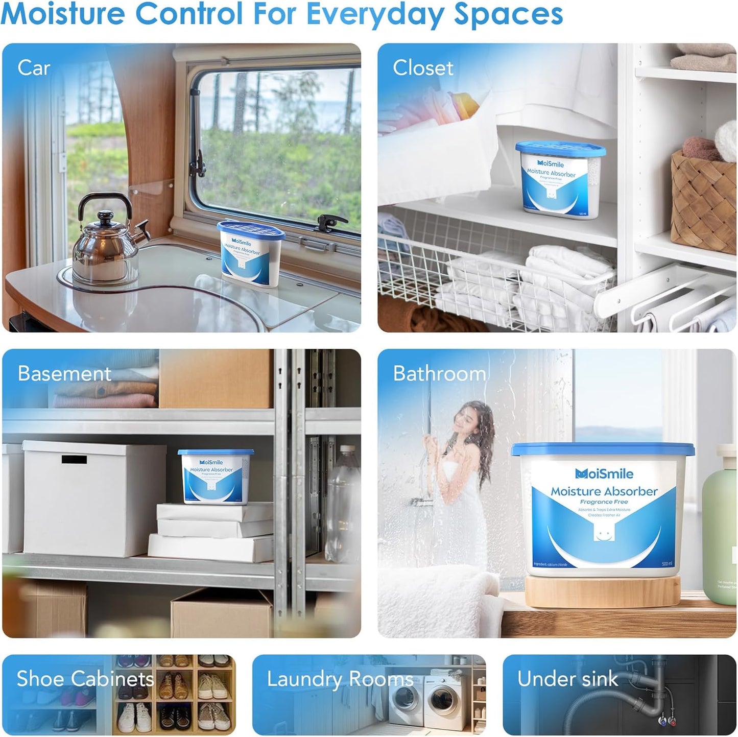 Moisture Absorbers with Activated Charcoal, Humidity Control & Air Deodorizing Preparations for Closet, Bathroom, Basement, Car & RV, 3 Pack
