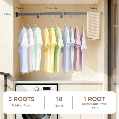 Wall Mounted Clothes Drying Rack, Space-Saving Foldable Clothes Drying Rack, Wall Clothes Hanger with 18 Hooks for Indoor & Outdoor Use in Laundry Room, Bathroom & Balcony