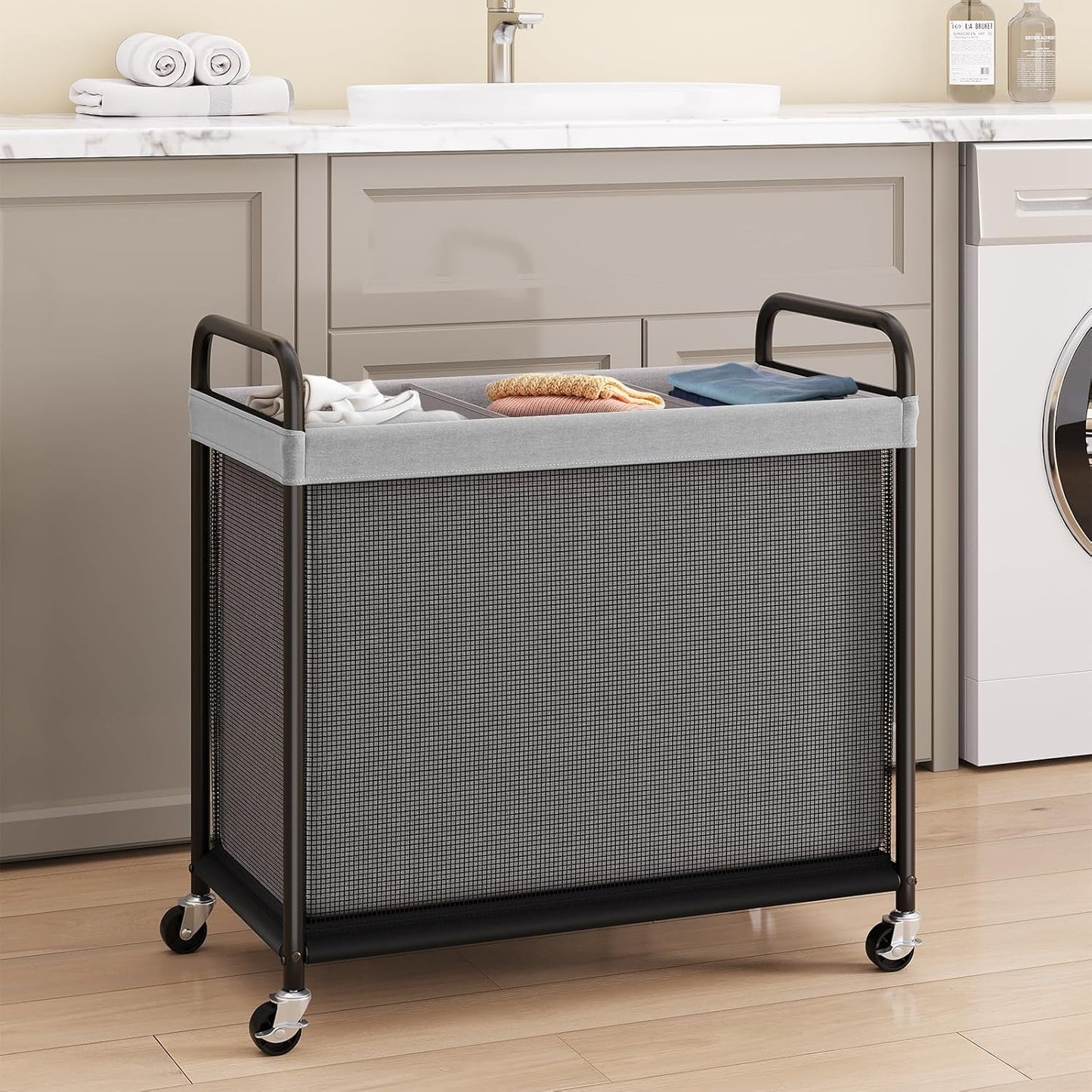 ELYKEN Laundry Hamper 3 Section, 120L Rolling Laundry Sorter with Removable Liner Bag, Laundry Basket with Wheels, Steel Frame with Metal Handle, Clothes Hamper Cart for Laundry Room & Bedroom