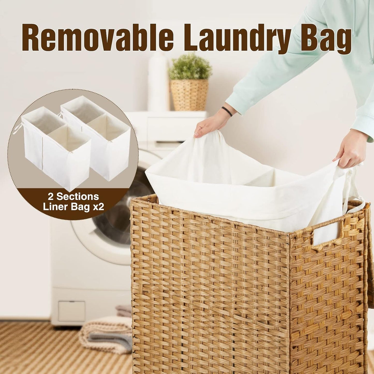 Greenstell Laundry Hamper with 2 Removable Liner Bags, Foldable Divided Clothes Hamper, 90L Handwoven Rattan Laundry Basket with Lid and Handles, No Assembly Needed, 18.3x13.3x24 Inches, Black
