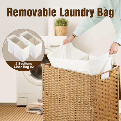 Greenstell Laundry Hamper with 2 Removable Liner Bags, Foldable Divided Clothes Hamper, 90L Handwoven Rattan Laundry Basket with Lid and Handles, No Assembly Needed, 18.3x13.3x24 Inches, Black