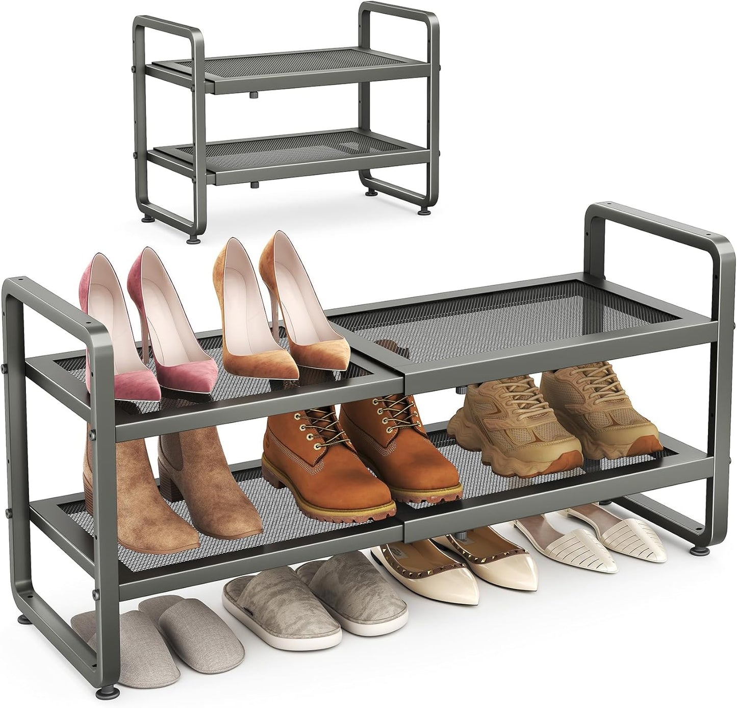 SAYZH Expandable Shoe Rack for Closet, Adjustable Metal Shoe Organizer with Sturdy Mesh Shelves for Boots & Heels, Stackable Shoe Storage for Entryway, Garage, Small Spaces (Black, 2-Tier)