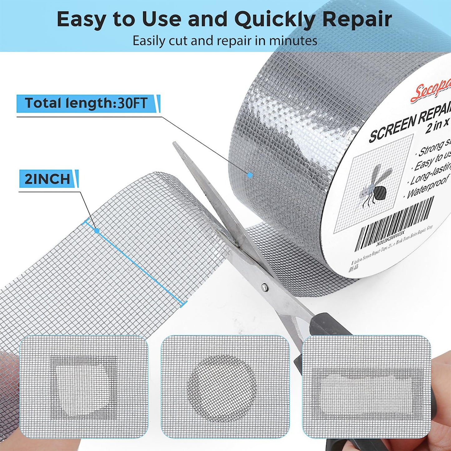 Secopad Grey Window Screen Repair Tape, 2IN X 15FT (180IN) Screen Repair Kit for Windows or Doors, Strong Adhesive Patch Kit Fiberglass Mesh Tape