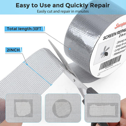 Secopad Grey Window Screen Repair Tape, 2IN X 15FT (180IN) Screen Repair Kit for Windows or Doors, Strong Adhesive Patch Kit Fiberglass Mesh Tape