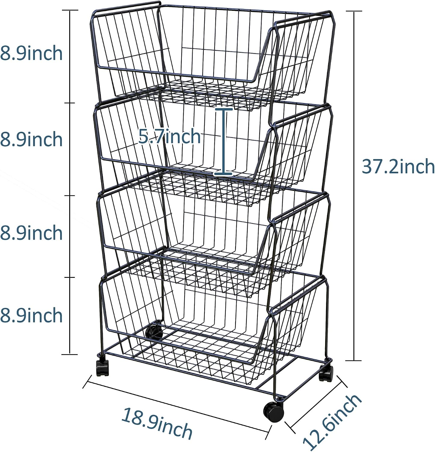 PUSDON 6-Tier Tall Stackable Wire Storage Baskets with Wheels, Vertical Metal Rolling Utility Cart, High Capacity Produce Basket for Kitchen Pantry, Snack Organizer, Matte Black