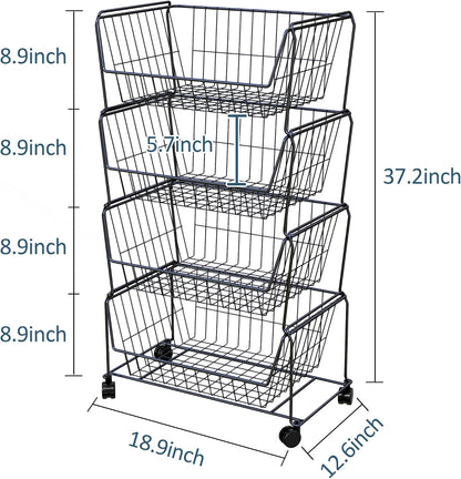 PUSDON 6-Tier Tall Stackable Wire Storage Baskets with Wheels, Vertical Metal Rolling Utility Cart, High Capacity Produce Basket for Kitchen Pantry, Snack Organizer, Matte Black