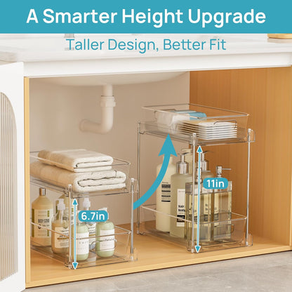 Vtopmart 2 Tier Bathroom Storage Organizer, 2 Pack Clear Under Sink Organizers Vanity Counter Container, Cabinet Drawers Bins, Pull-Out Organization with Track for Pantry, Kitchen