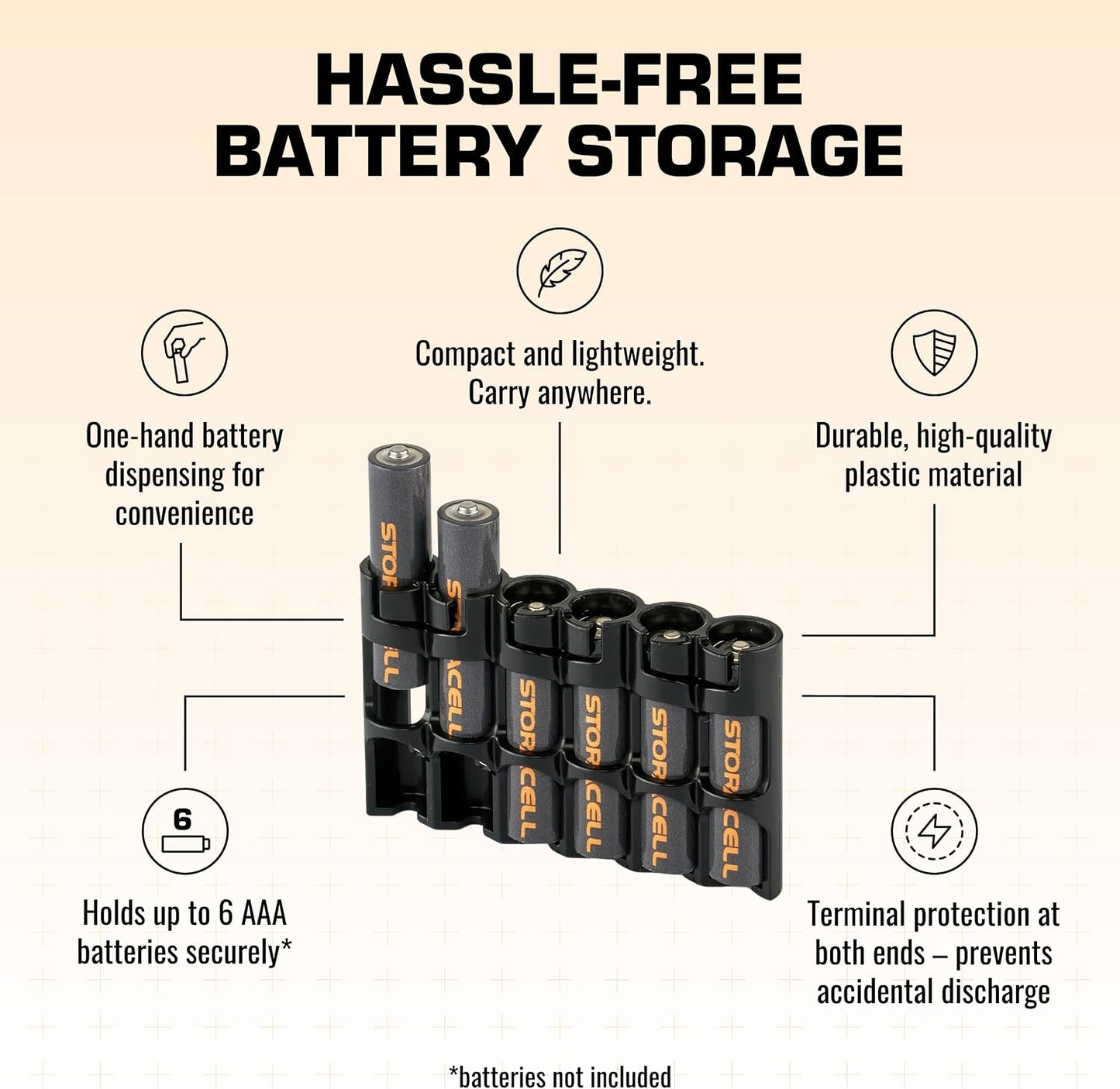 Storacell SLAAAORG by Powerpax SlimLine AAA Battery Caddy, Orange, Holds 6 Batteries, 1 Count (Pack of 1)