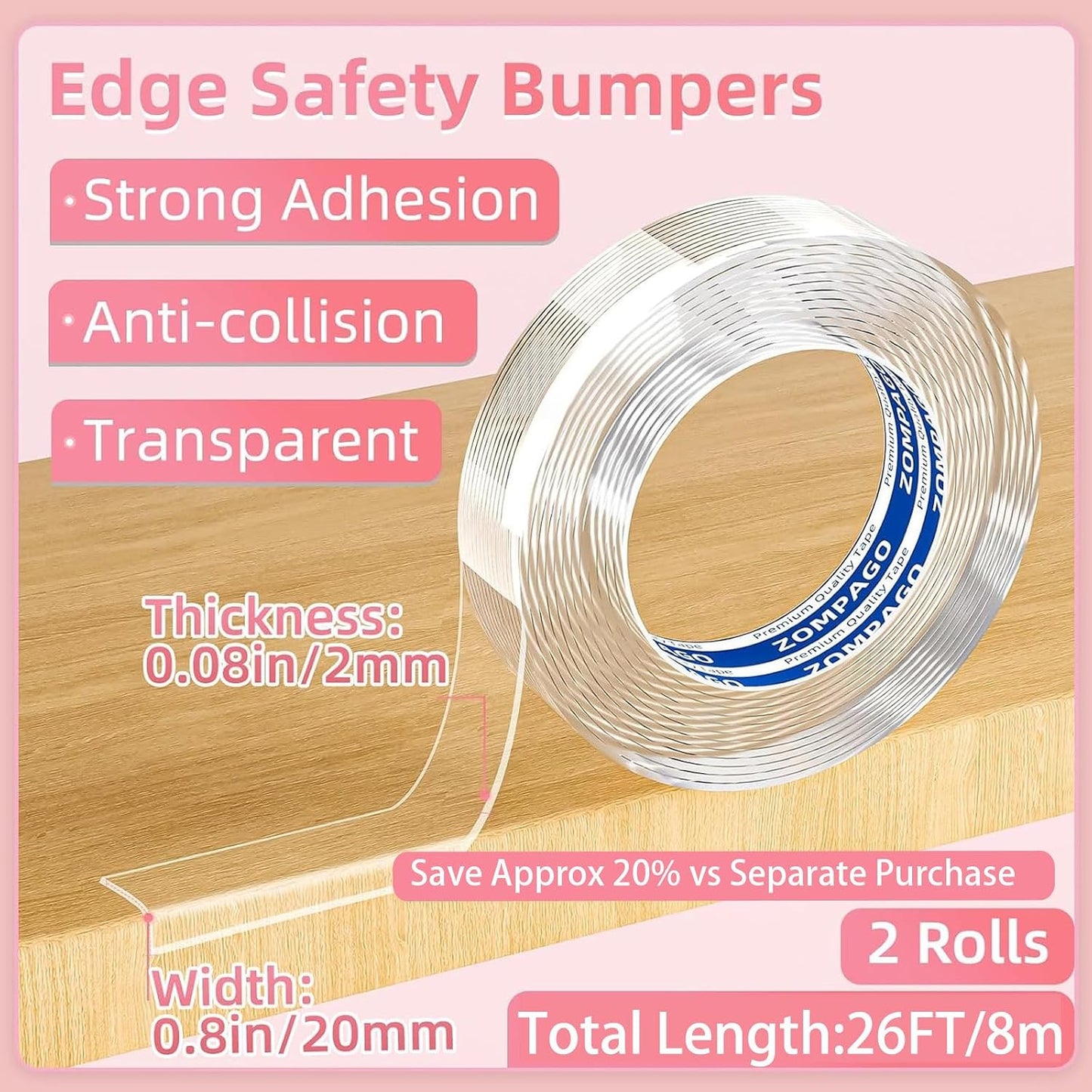 ZOMPAGO Baby Proofing Edge Protector Strip 2In x 13.4FT Clear Furniture Corner Guards for Toddlers Transparent Soft Sharp Edge Safety Bumpers Table Desk Fireplace Child Proof Protector Tape