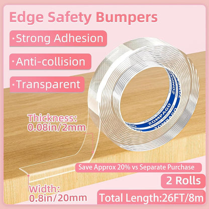 ZOMPAGO Baby Proofing Edge Protector Strip 2In x 13.4FT Clear Furniture Corner Guards for Toddlers Transparent Soft Sharp Edge Safety Bumpers Table Desk Fireplace Child Proof Protector Tape