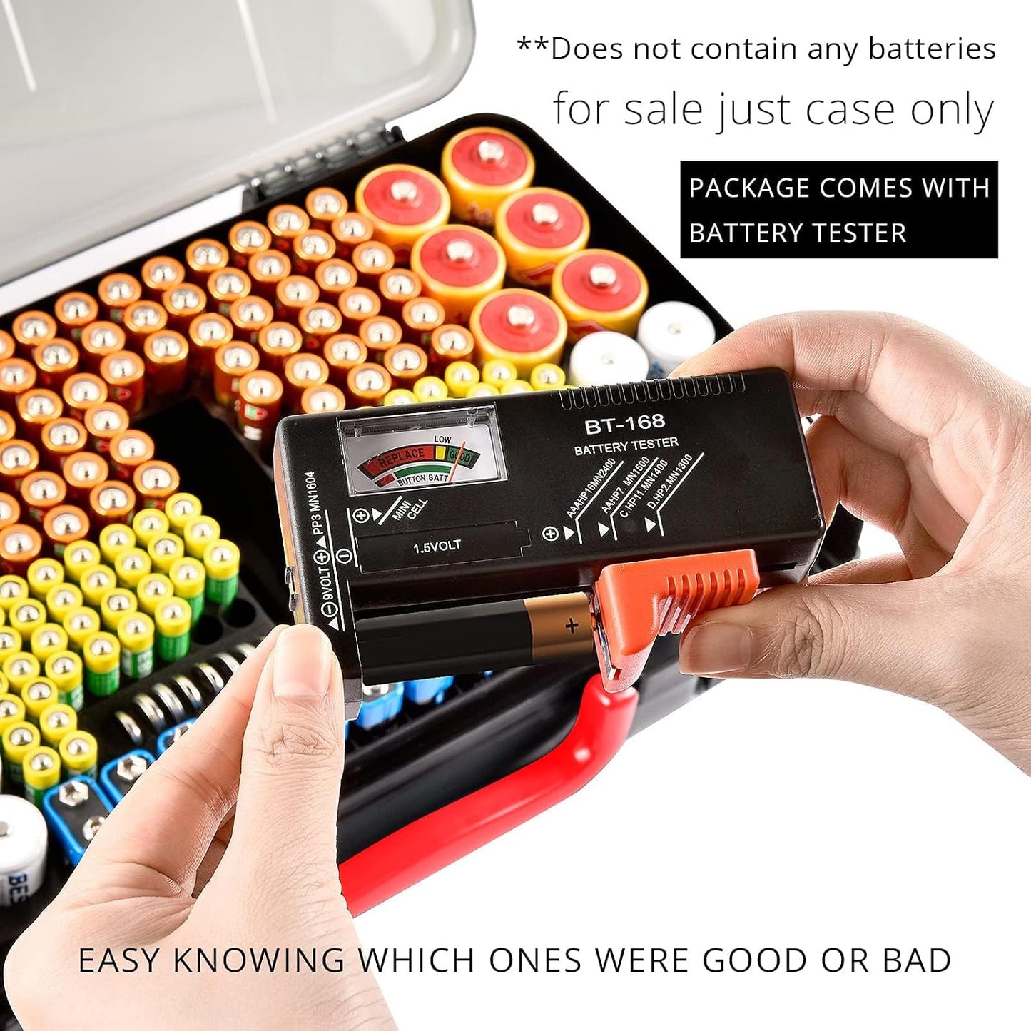 Battery Organizer Storage Case with Tester for 269 Batteries, Double Sides | Plastic, For AA AAA 4A C D Cell 9V 3V LR44 CR2 CR123 CR1632 18650 Button, Wall/Drawer, For Families/DIY/Home/Garage, Grey