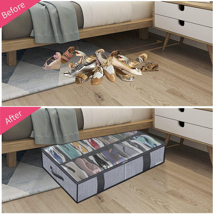 Onlyeasy Sturdy Under Bed Shoe Storage Organizer, Set of 2, Fit 12 to 24 Pairs, Underbed Shoes Closet Storage Solution with Clear Window, Breathable, L29.3 x W23.6 x H5.9, Linen-like Black, MXAUBSB2P