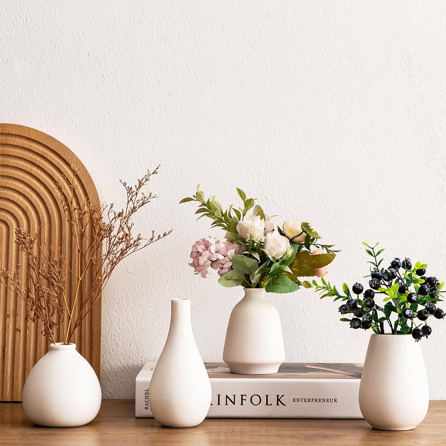 Small Ceramic Vase Set of 5, Modern White Vase, Bud Vase, Boho Decorative Vase for Fireplace, Entryway and Living Room, Centerpiece Table Decorations