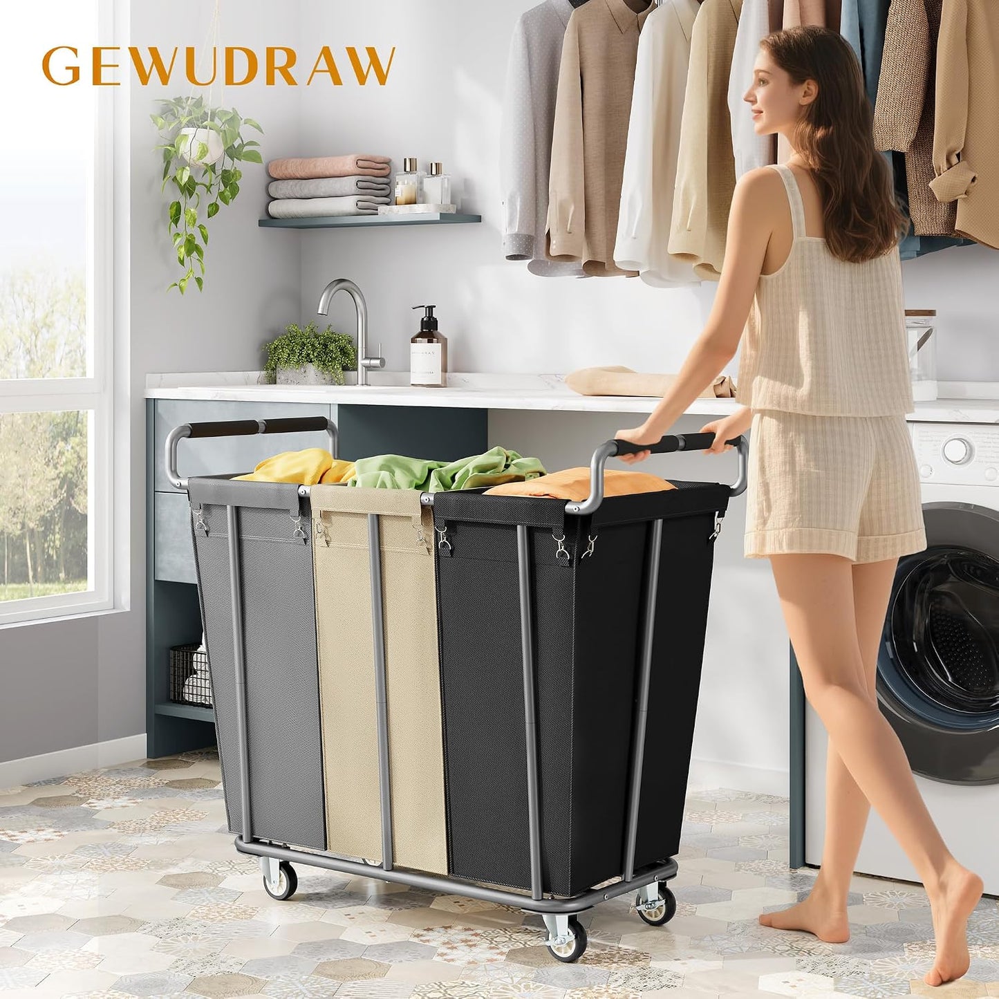 Gewudraw Large laundry hamper with Wheels, 3 Bag Big Rolling Laundry Hamper Sorter Cart, Extra Large Laundry Clothes Hamper, Heavy Duty Laundry Basket Organizer for Laundry Room,Bathroom,Black