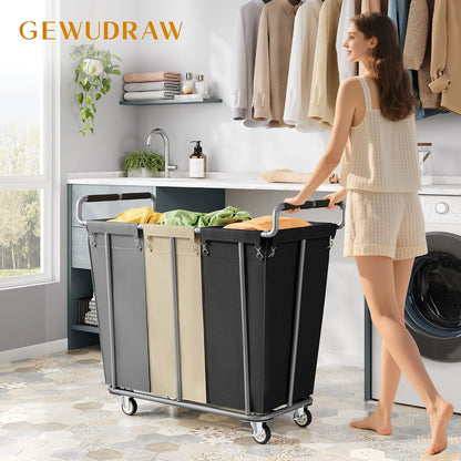 Gewudraw Large laundry hamper with Wheels, 3 Bag Big Rolling Laundry Hamper Sorter Cart, Extra Large Laundry Clothes Hamper, Heavy Duty Laundry Basket Organizer for Laundry Room,Bathroom,Black