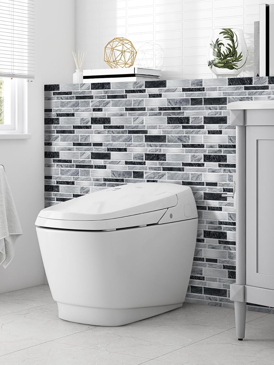 Vinyl Grey Black Tiles backsplash Wallpaper Peel and Stick,Waterproof Tile Decals for Kitchen Bathroom Restaurant Apartment Wall Renovation or Decor(25 Pcs 9.68 * 4.53 inch)