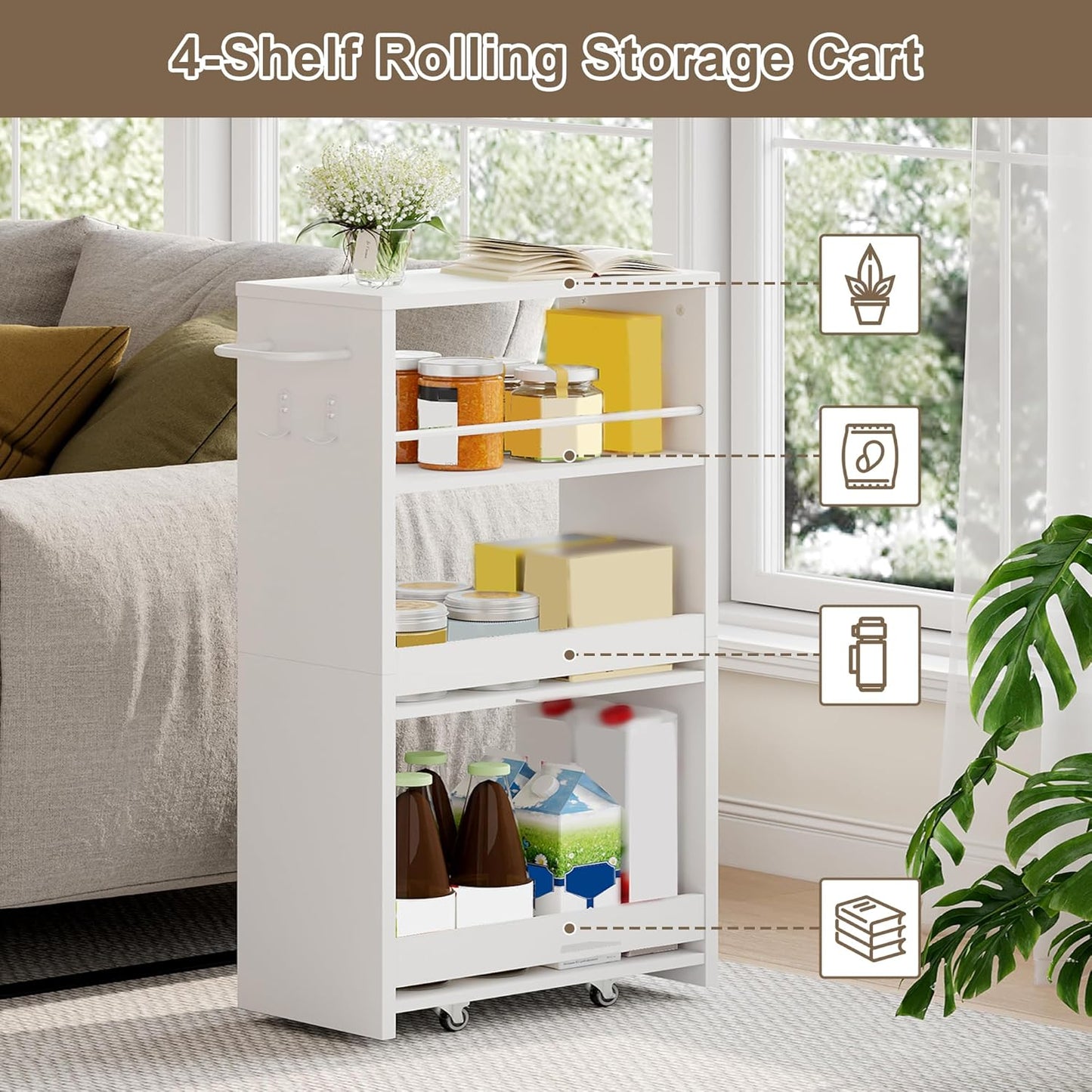 ChooChoo 4-Tier Slim Storage Cart, 7.87 inches Wide Narrow Storage Cabinet with 360° Wheels and 2 Hooks, Space-Saving Organizer for Kitchen, Narrow Places, Dining Room, Walnut+White