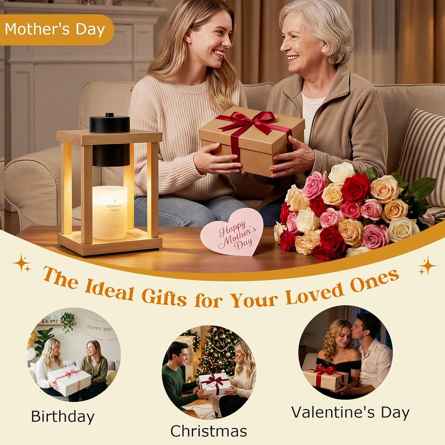 Candle Warmer Lamp Wood with Timer, Dimmable Electric Candle Lamp Warmer for Jar Candles, 2*35 Watt Bulb, Mothers Day Birthday Gifts for Women Men, Decorative Wooden Candle Lamp for Bedroom Home Decor