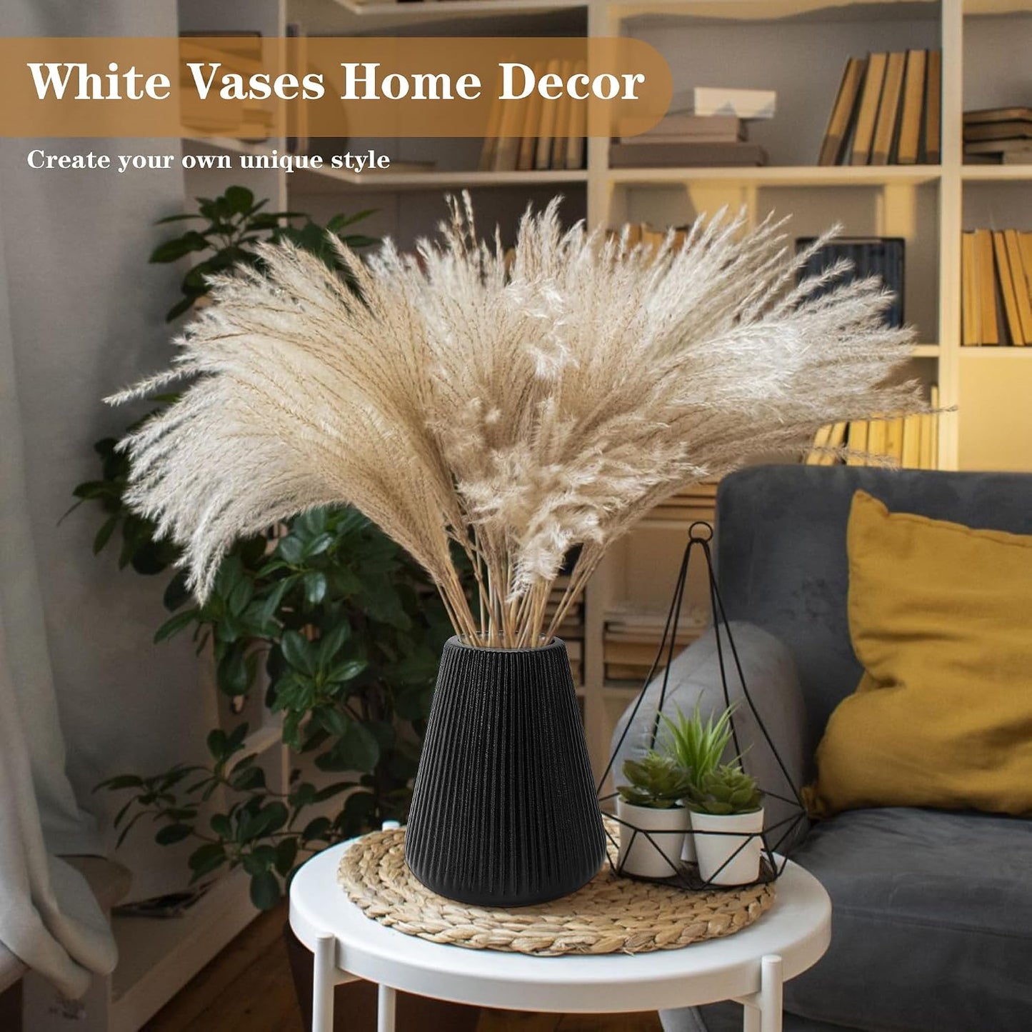 White Ceramic Vase, GUKJOB Small Cute Flower Vase for Pampas Grass, Home, Living Room, Dining Table, Farmhouse, Office Decor, Bedroom, Table, and Kitchen Shelf (White- 2PCS)