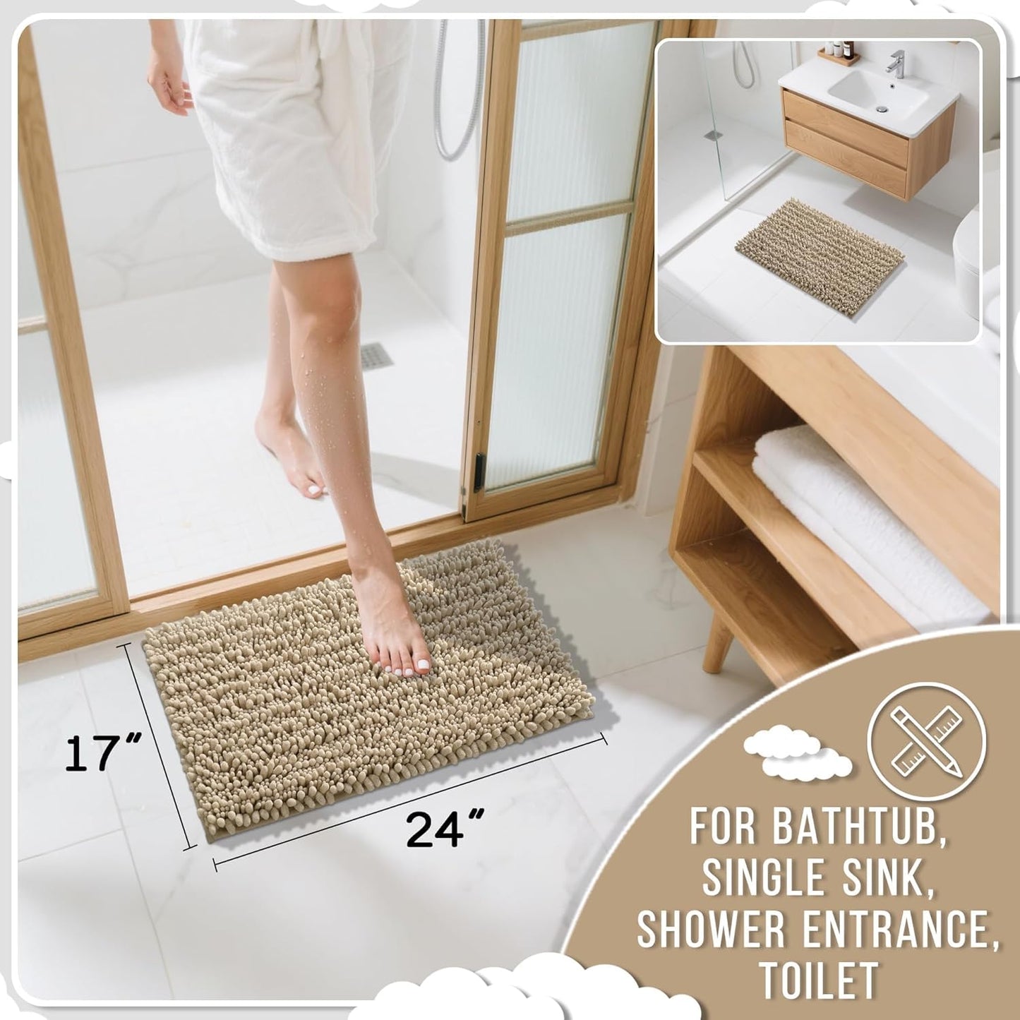 Yimobra Bathroom Rugs Non Slip Washable - Ultra Soft Absorbent Chenille Bath Mat, Quick Dry Shaggy Floor Carpet for Tub Shower, Gray Home Decor Accessories, 24x17 Inch