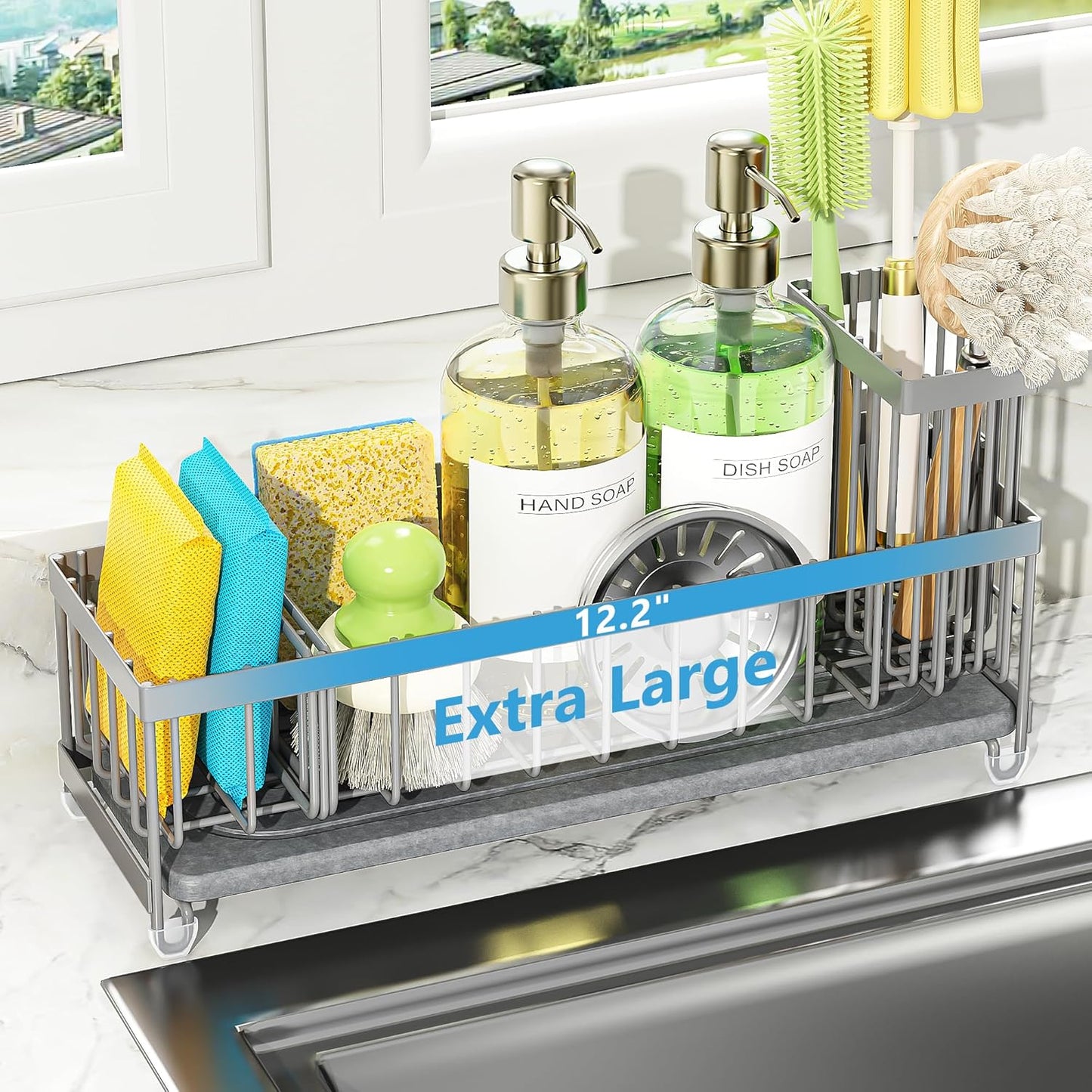 Cisily Extra Large Sink Caddy Organizer with Drying Stone, Black Sponge Holder for Kitchen, Dish Brush Holder for Countertop, Kitchen Decor Storage and Essentials