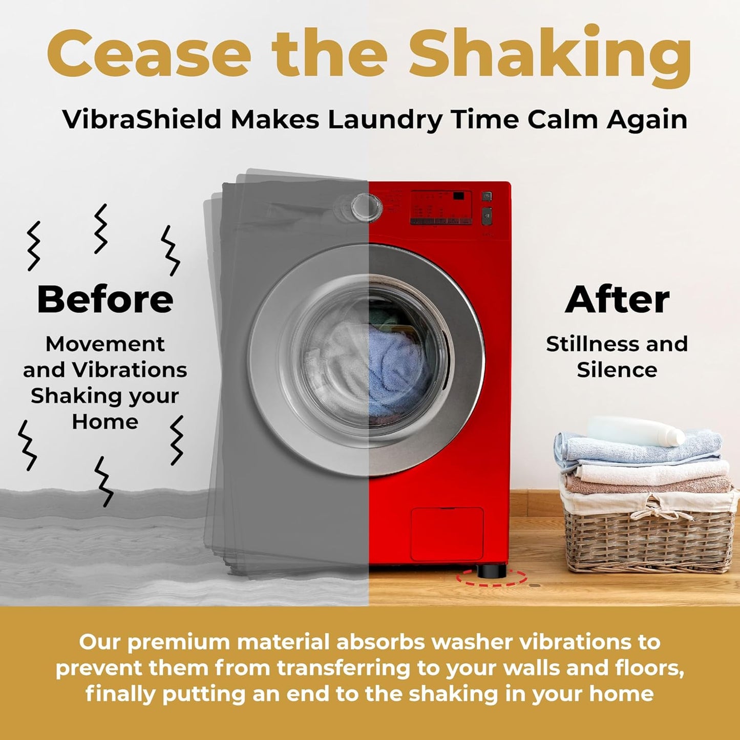 Anti Vibration Pads for Washing Machine with HexaGrip - Stops Washer Dryer Moving, Walking - Prevents Noise, Vibration Transfer - Rubber Antivibration Stabilizer Support Feet Mat - VIBRASHIELD 4 Pack