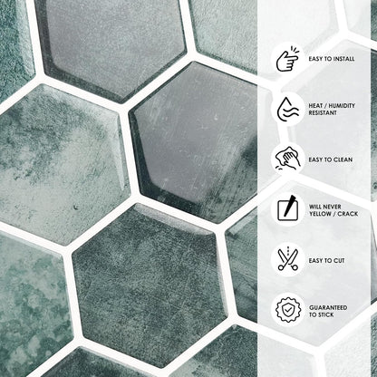 10-Sheet Hexagon Peel and Stick Backsplash for Kitchen, New Upgrade Premium Extra Thicker Design 3D Self Adhesive Wall Tiles, Large Stick on Tiles for Kitchen and Bathroom (12" x 12")