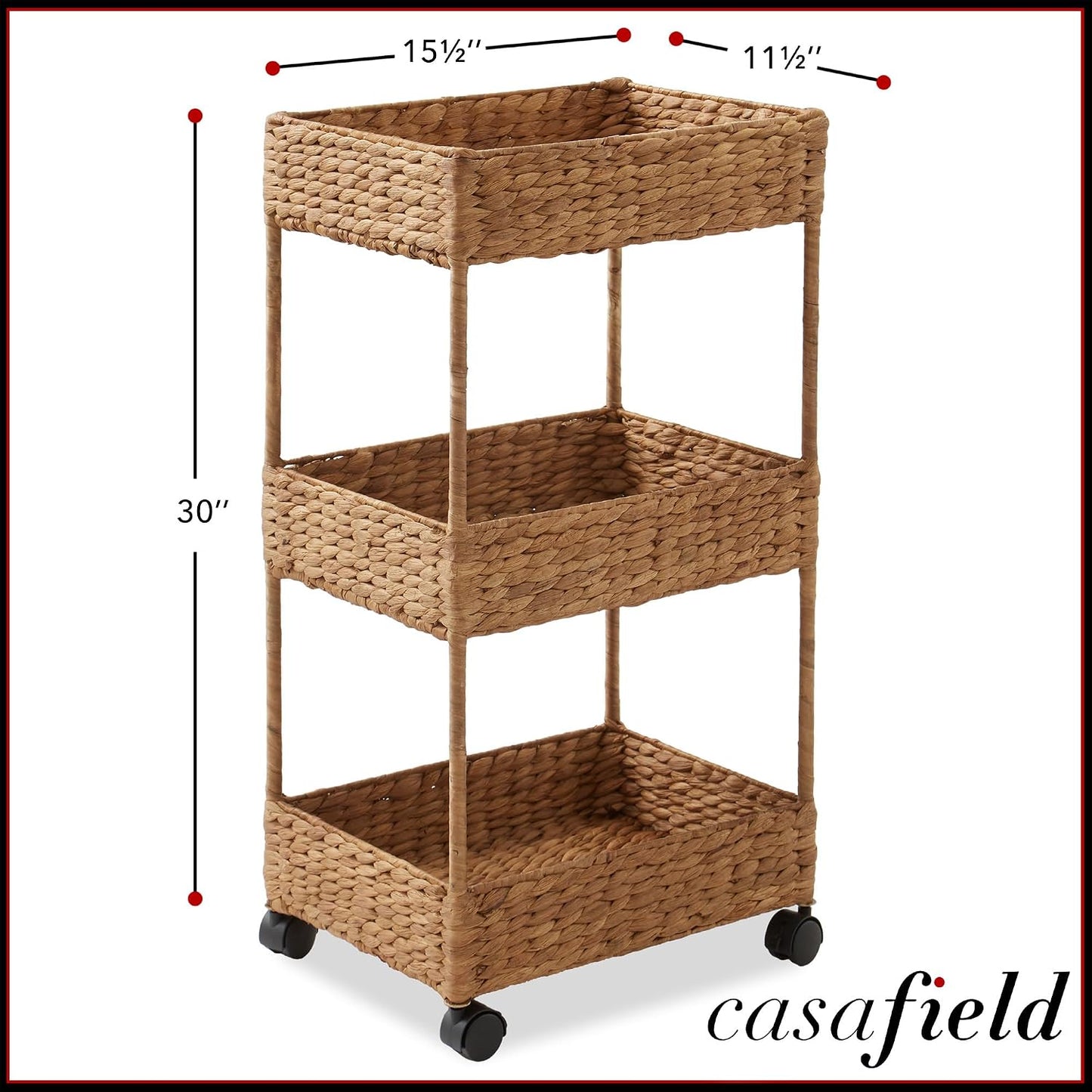 Casafield 3-Tier Rolling Storage Cart - Natural, Water Hyacinth Nursery Caddy, Utility Cart for Bathroom, Craft Room, Laundry Room Organization