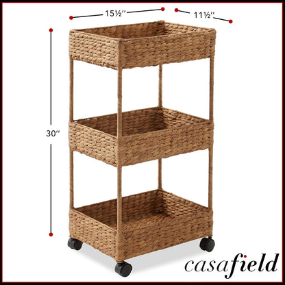 Casafield 3-Tier Rolling Storage Cart - Natural, Water Hyacinth Nursery Caddy, Utility Cart for Bathroom, Craft Room, Laundry Room Organization